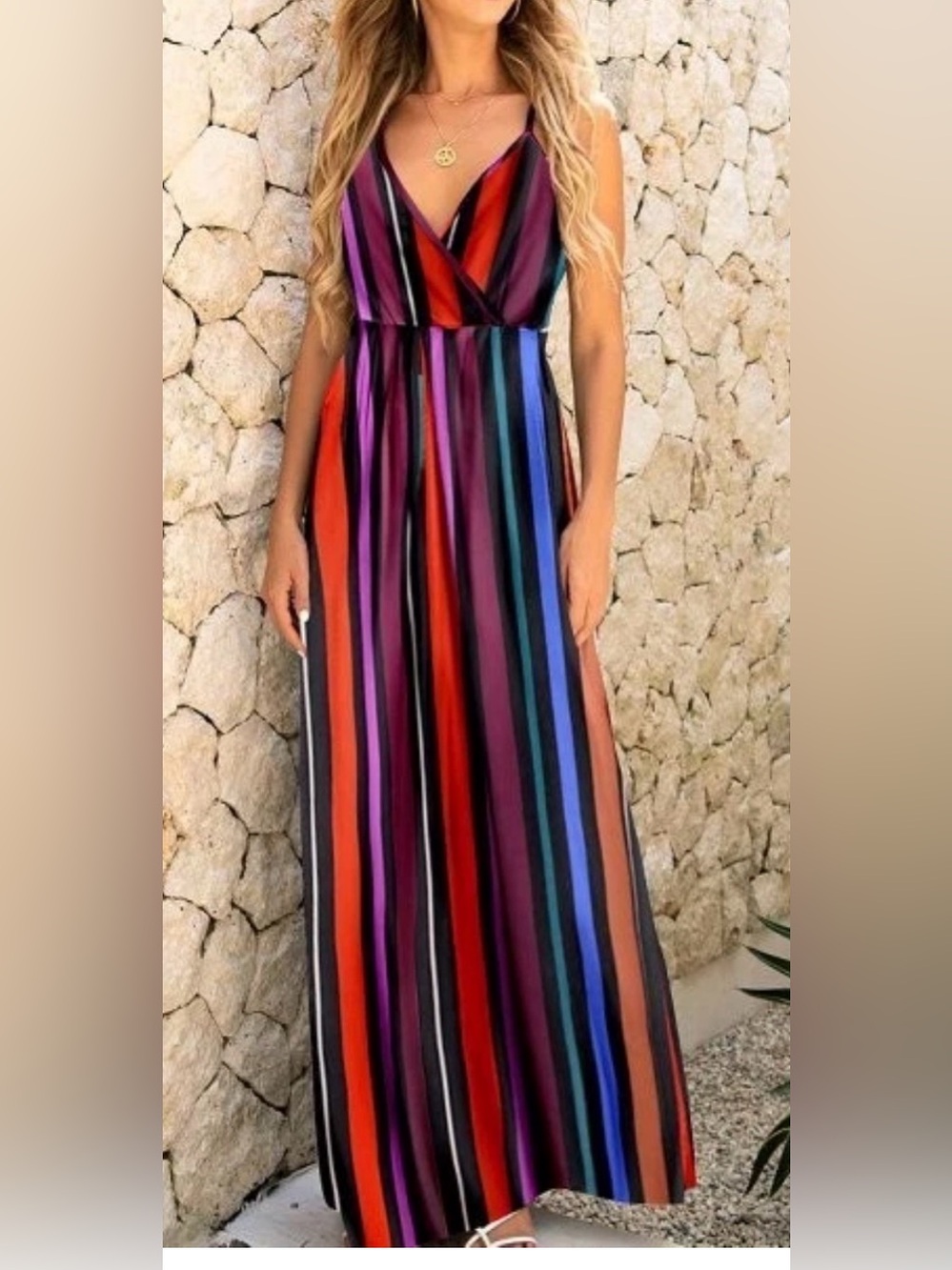 Laishen Women's Striped Vneck Sleeveless Maxi Cross back Maxi Dress Medium